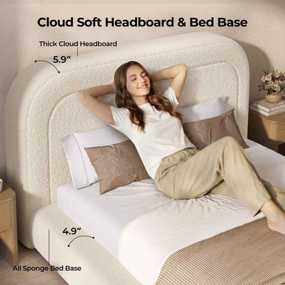 ADORNEVE Cloud Bed Frame Queen with 5.9" Headboard and 5 Inch Foam Cushioned Upholstered Platform Bed with Curve Round for Young Adults Kid and Pet Families