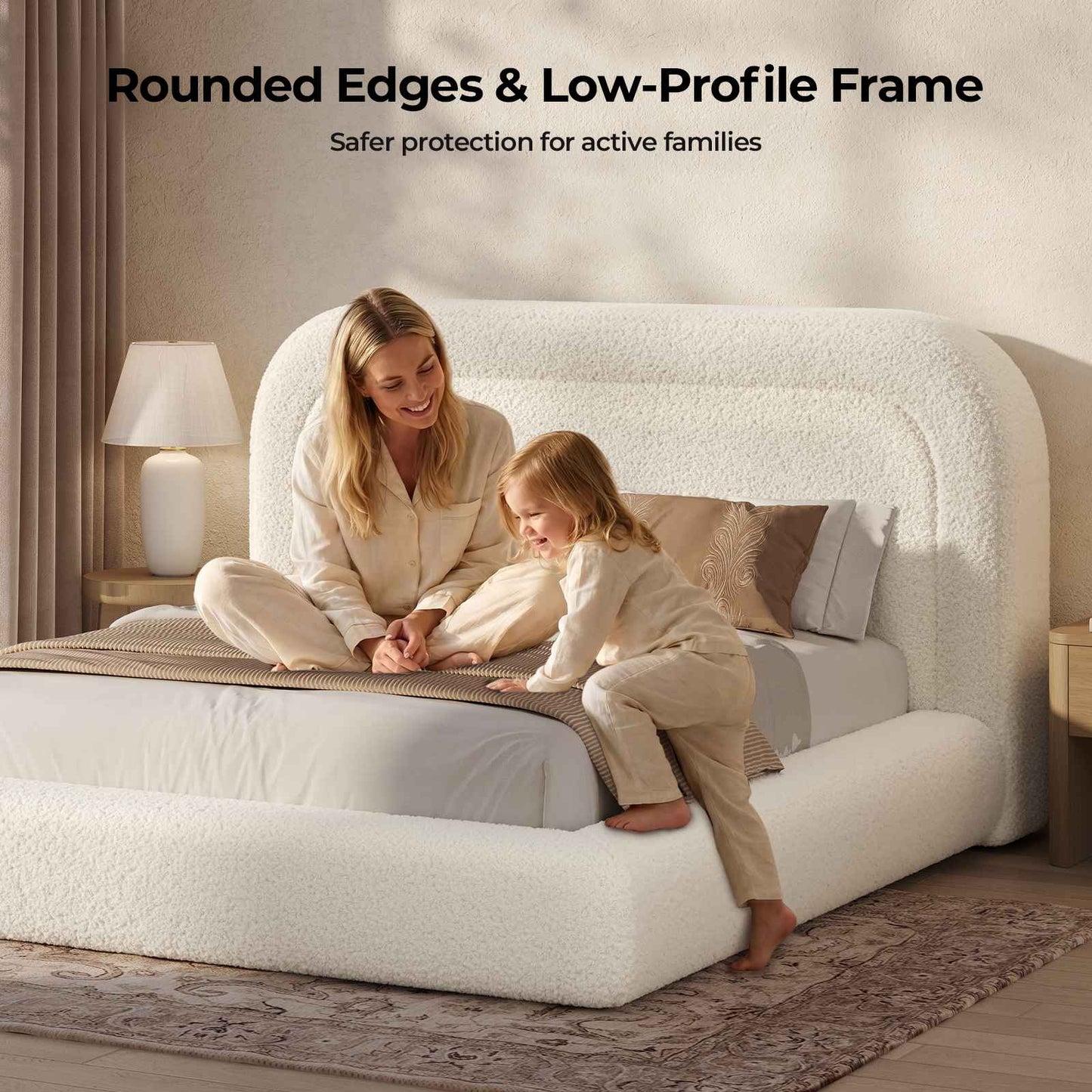 ADORNEVE Cloud Bed Frame Queen with 5.9" Headboard and 5 Inch Foam Cushioned Upholstered Platform Bed with Curve Round for Young Adults Kid and Pet Families