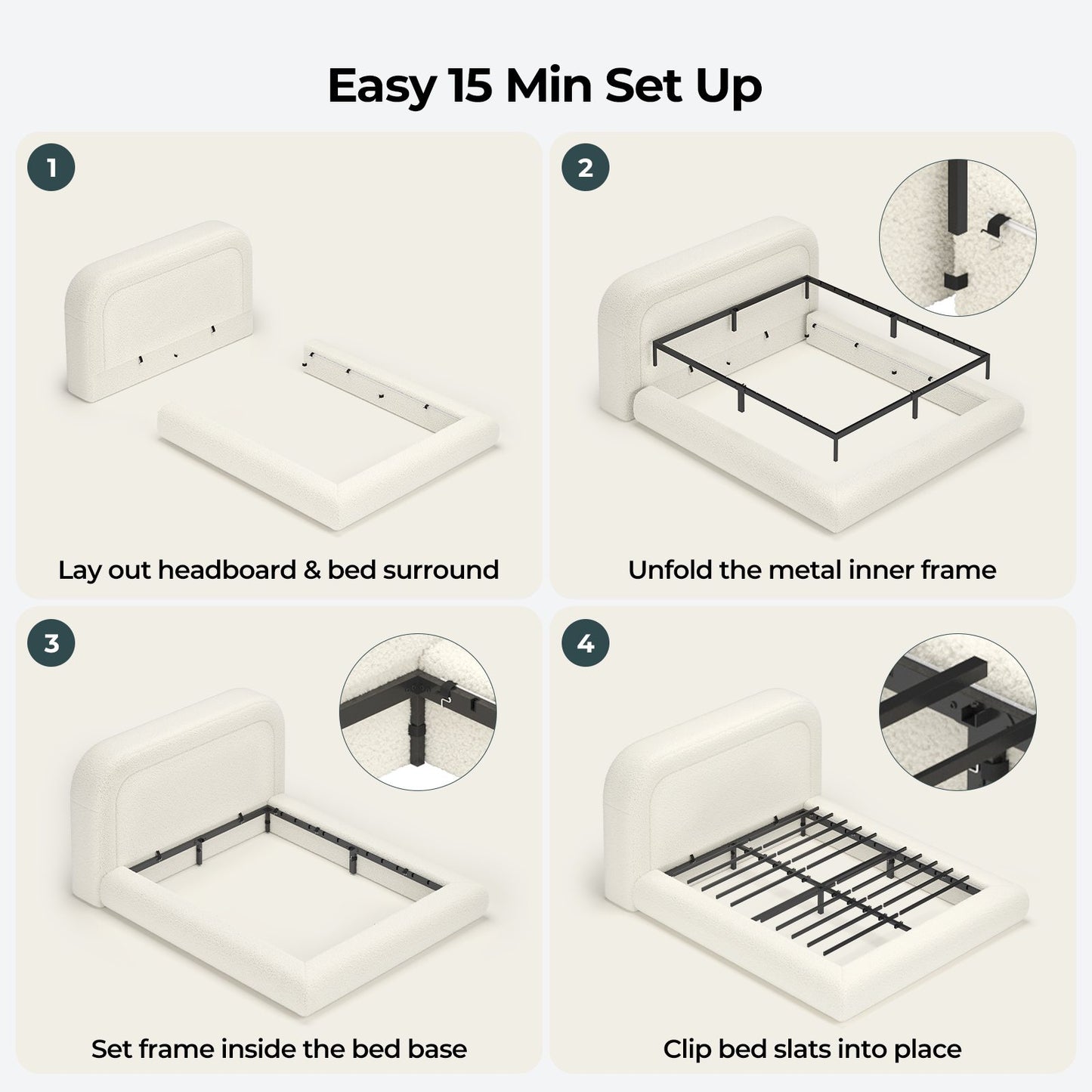 ADORNEVE Cloud Bed Frame Queen with 5.9" Headboard and 5 Inch Foam Cushioned Upholstered Platform Bed with Curve Round for Young Adults Kid and Pet Families