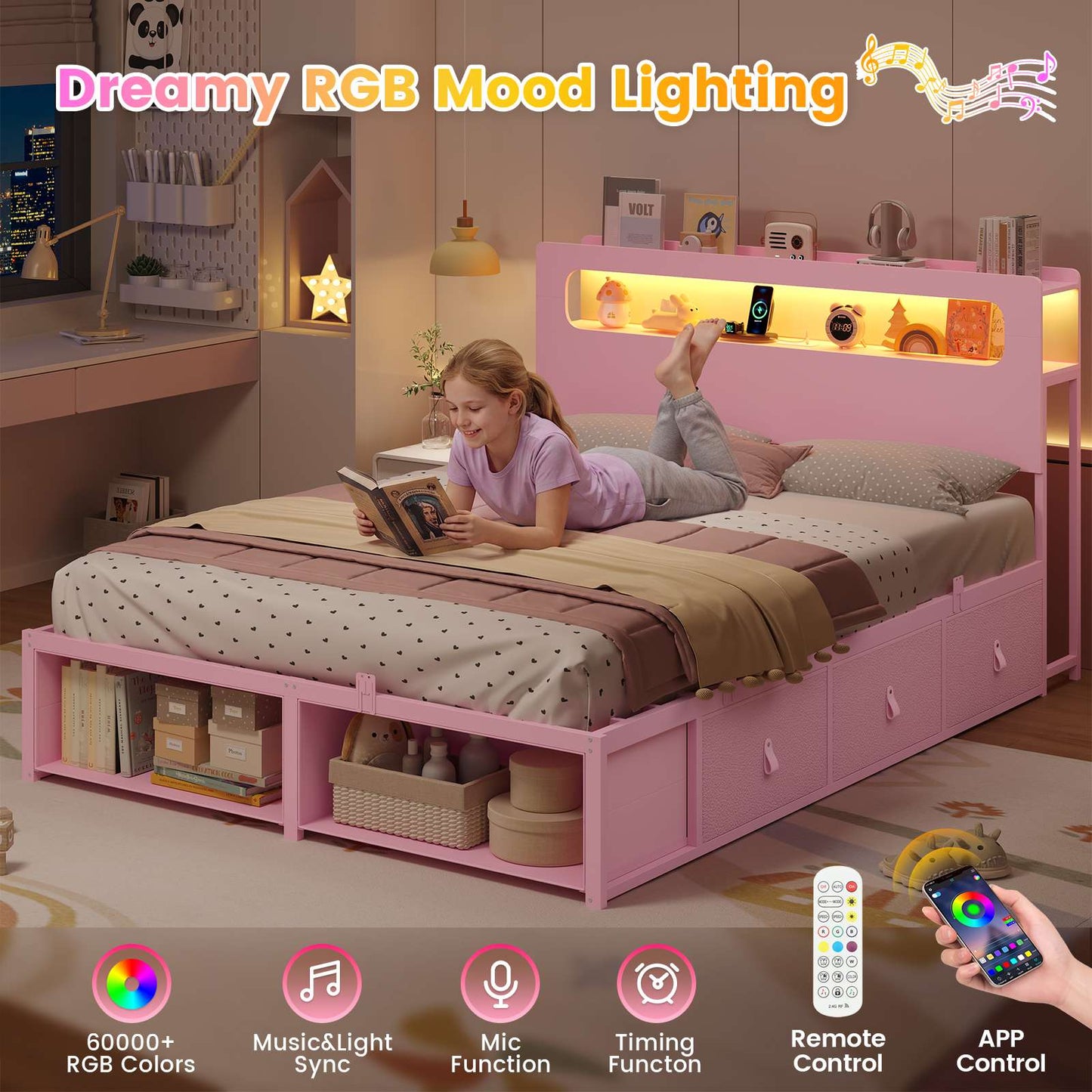 ADORNEVE Bed Frame Full Size with 6 Storage Drawers and RGB Headboard Kids Bed with Power Outlets and 2 Footboard Cubbies
