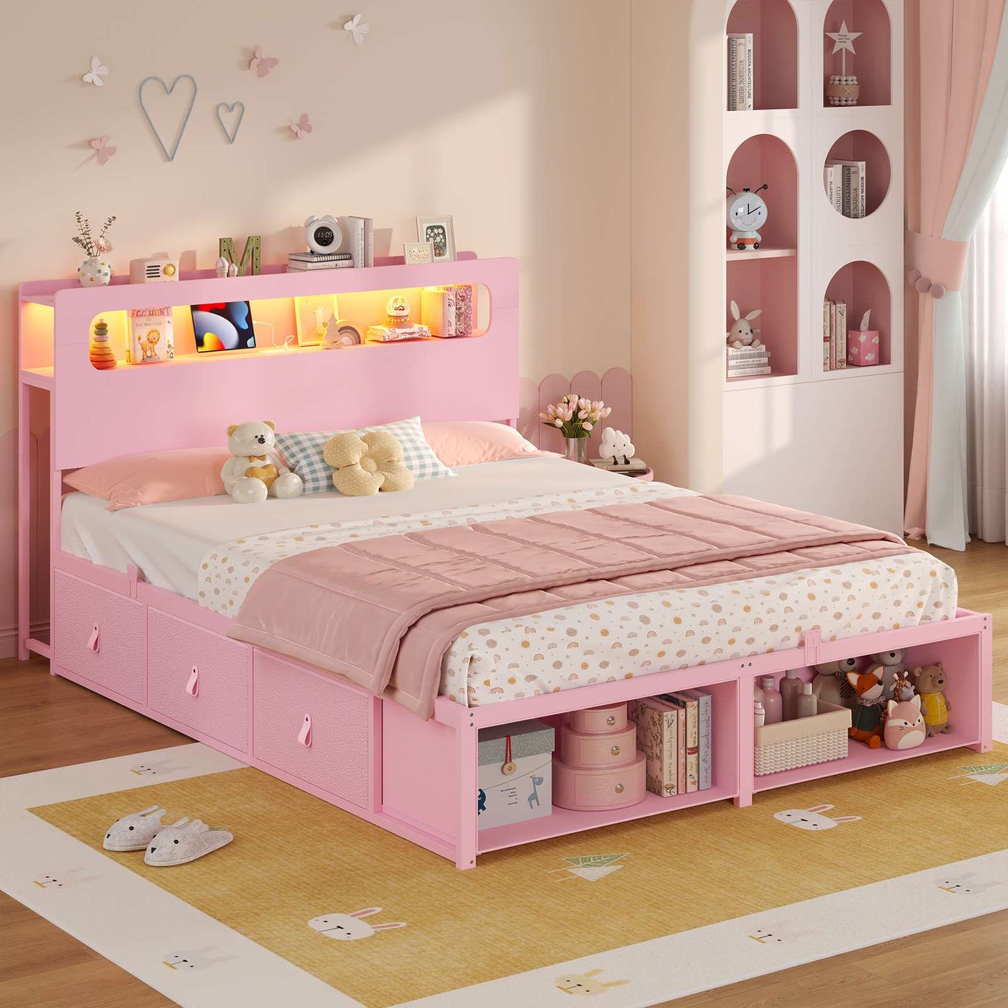 ADORNEVE Bed Frame Full Size with 6 Storage Drawers and RGB Headboard Kids Bed with Power Outlets and 2 Footboard Cubbies