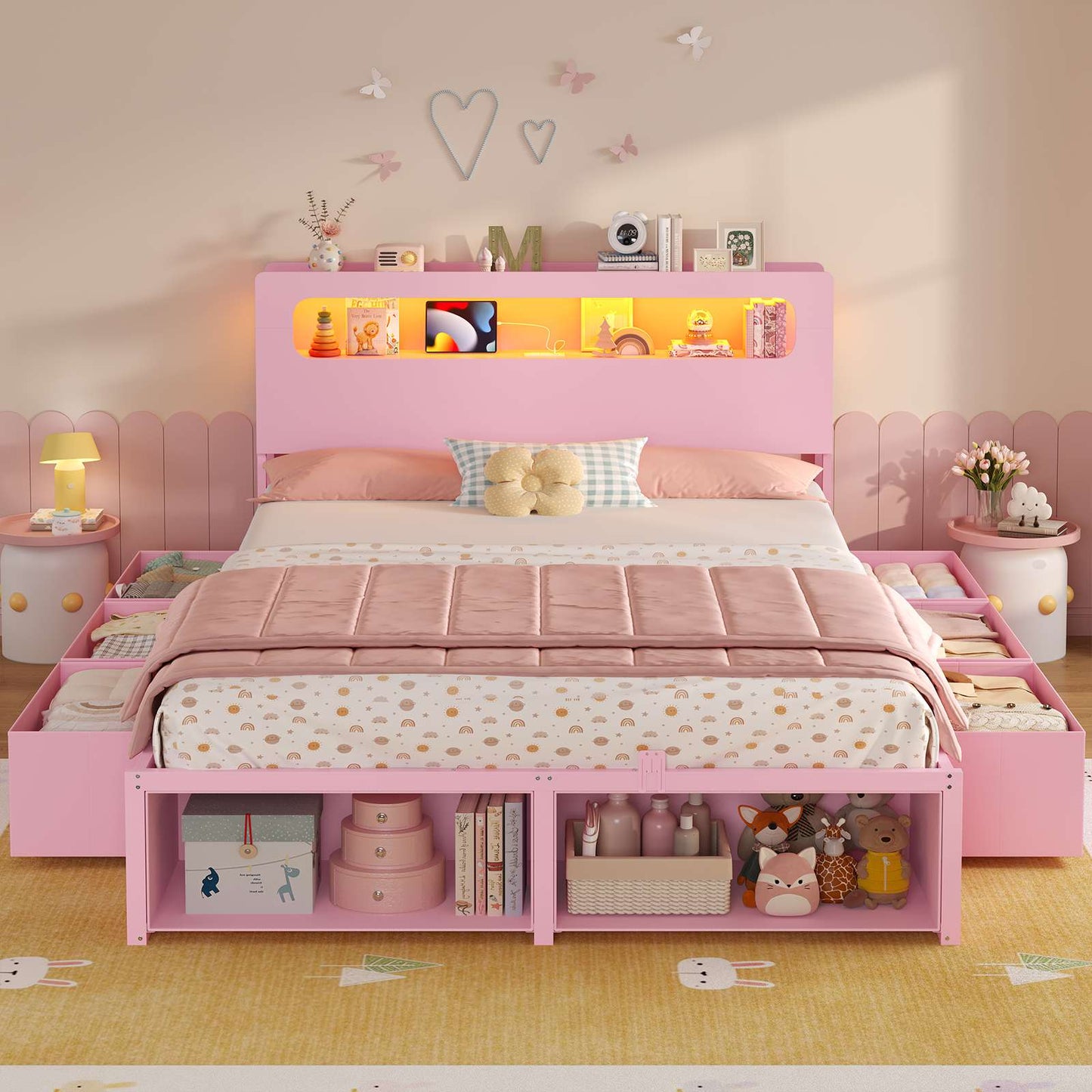 ADORNEVE Bed Frame Full Size with 6 Storage Drawers and RGB Headboard Kids Bed with Power Outlets and 2 Footboard Cubbies