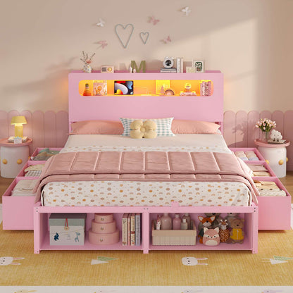 ADORNEVE Bed Frame Full Size with 6 Storage Drawers and RGB Headboard Kids Bed with Power Outlets and 2 Footboard Cubbies