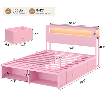 ADORNEVE Bed Frame Full Size with 6 Storage Drawers and RGB Headboard Kids Bed with Power Outlets and 2 Footboard Cubbies