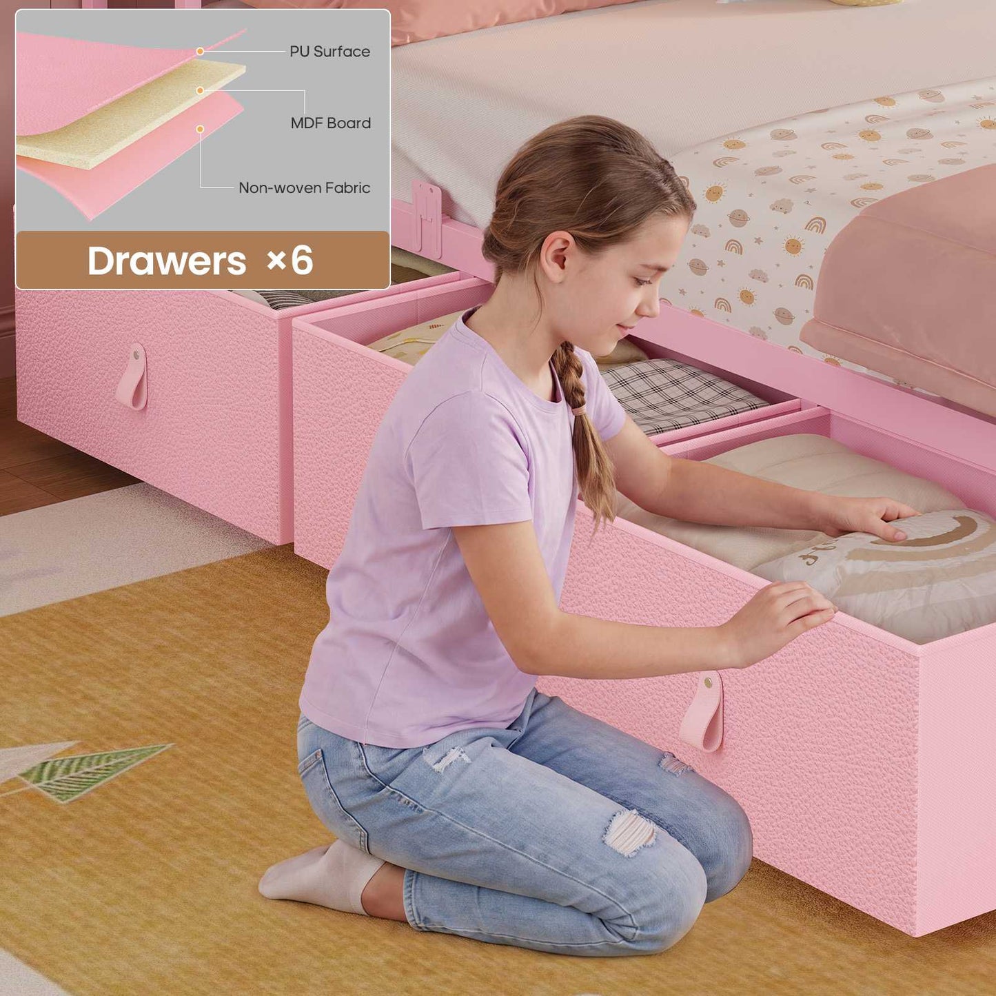 ADORNEVE Bed Frame Full Size with 6 Storage Drawers and RGB Headboard Kids Bed with Power Outlets and 2 Footboard Cubbies