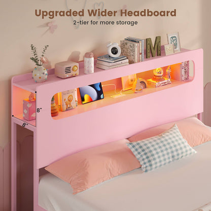 ADORNEVE Bed Frame Full Size with 6 Storage Drawers and RGB Headboard Kids Bed with Power Outlets and 2 Footboard Cubbies