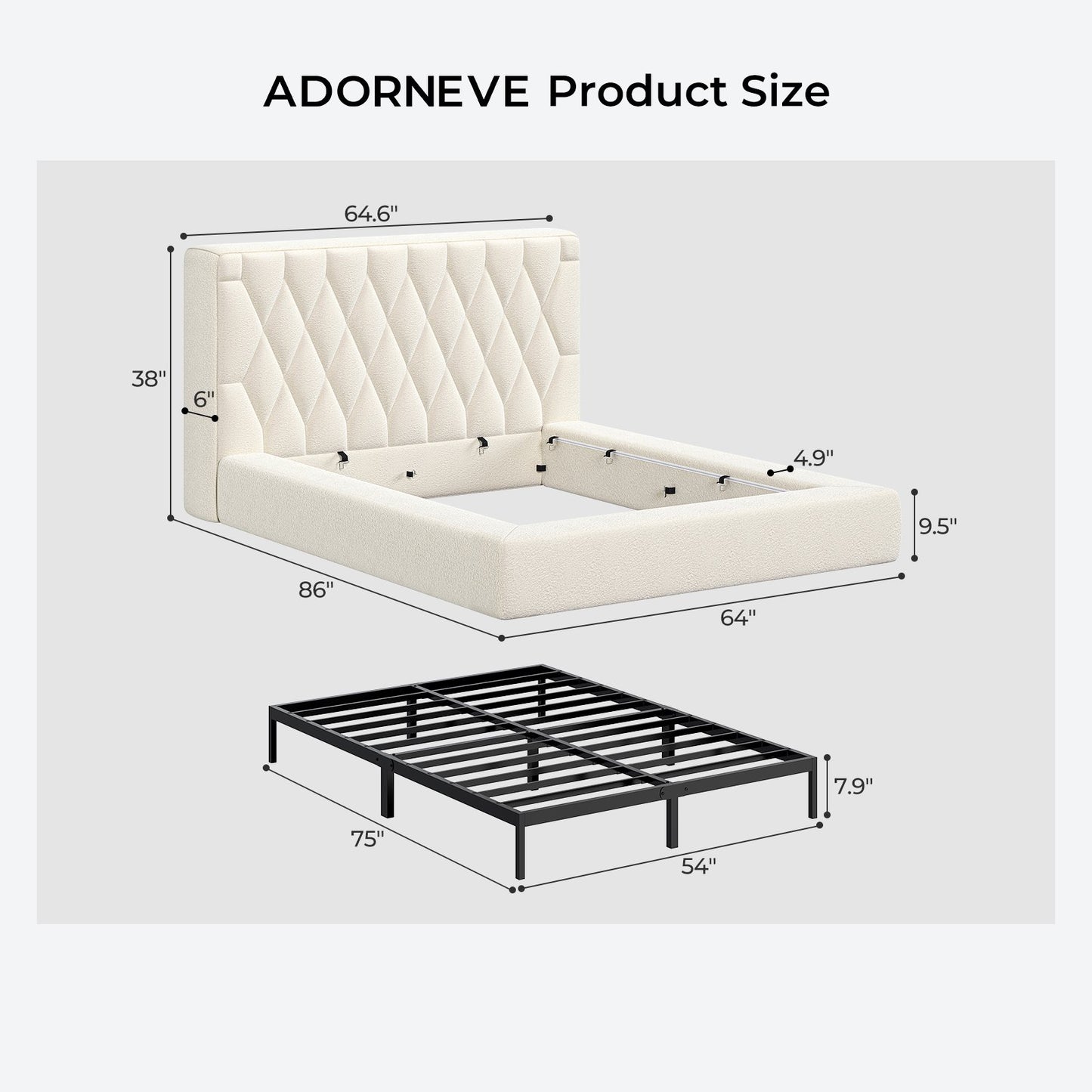 ADORNEVE Upholstered Cloud Bed Frame Full with 5.9" Headboard 4.9" Fully Cushioned Platform Bed with Soft Rounded Corners Noise-Free
