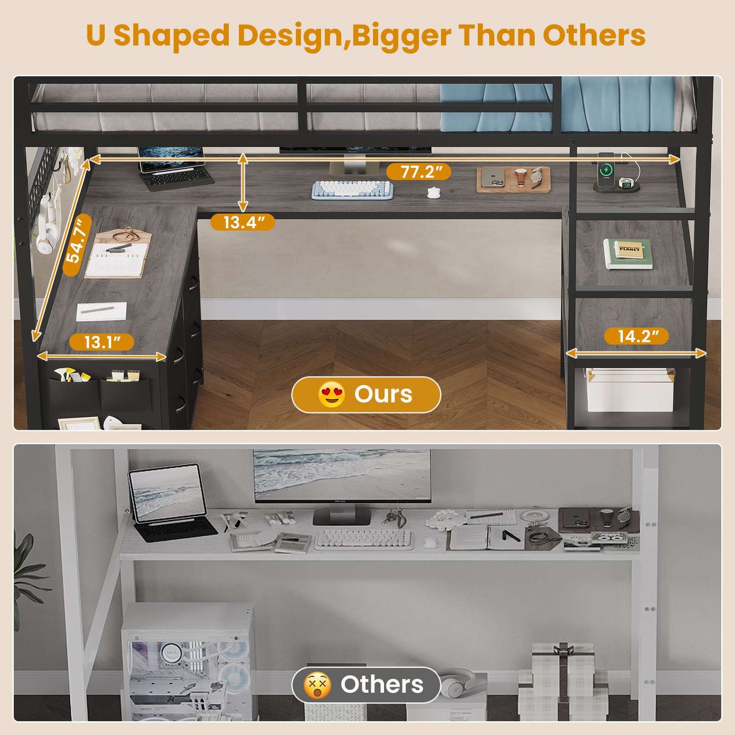 ADORNEVE Loft Bed Full Size with U-Shaped Desk and 6 Storage Drawers LED Metal Loft Bed with Power Outlet and 2 Storage Shelves Bed with Safety Guardrail and Ladders