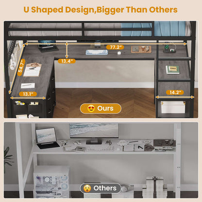 ADORNEVE Loft Bed Full Size with U-Shaped Desk and 6 Storage Drawers LED Metal Loft Bed with Power Outlet and 2 Storage Shelves Bed with Safety Guardrail and Ladders