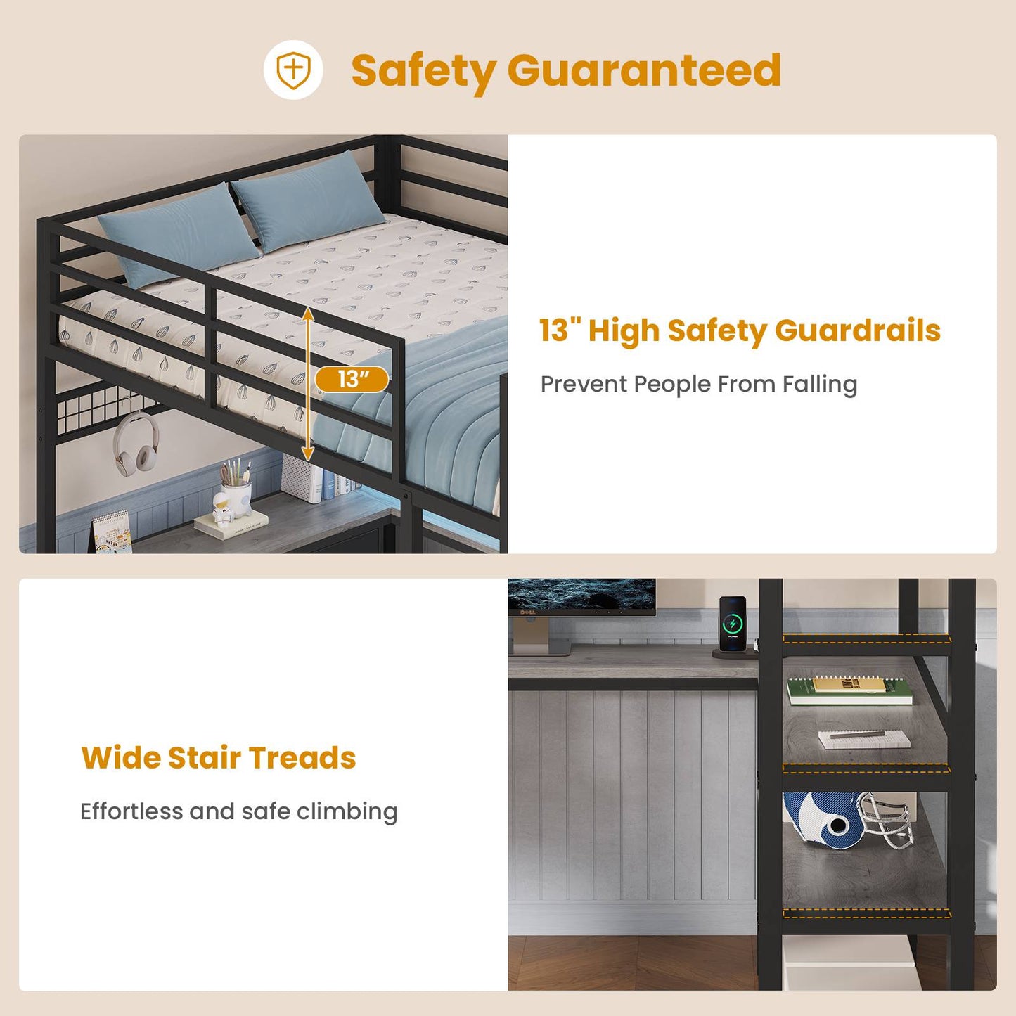 ADORNEVE Loft Bed Full Size with U-Shaped Desk and 6 Storage Drawers LED Metal Loft Bed with Power Outlet and 2 Storage Shelves Bed with Safety Guardrail and Ladders