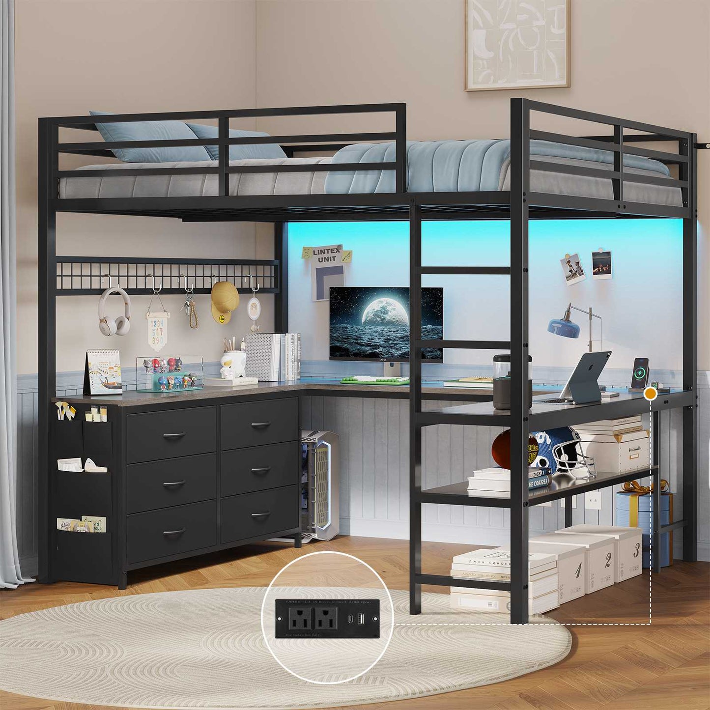 ADORNEVE Loft Bed Full Size with U-Shaped Desk and 6 Storage Drawers LED Metal Loft Bed with Power Outlet and 2 Storage Shelves Bed with Safety Guardrail and Ladders