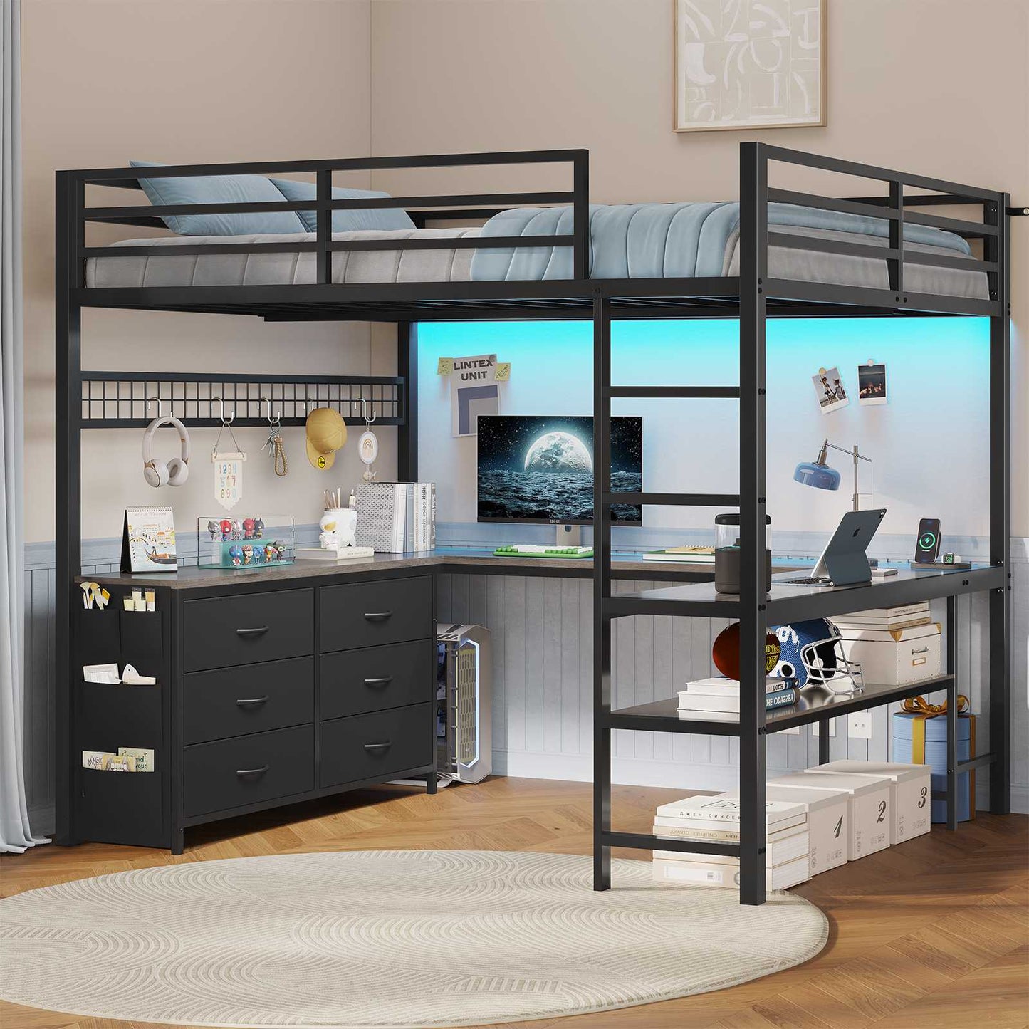 ADORNEVE Loft Bed Full Size with U-Shaped Desk and 6 Storage Drawers LED Metal Loft Bed with Power Outlet and 2 Storage Shelves Bed with Safety Guardrail and Ladders