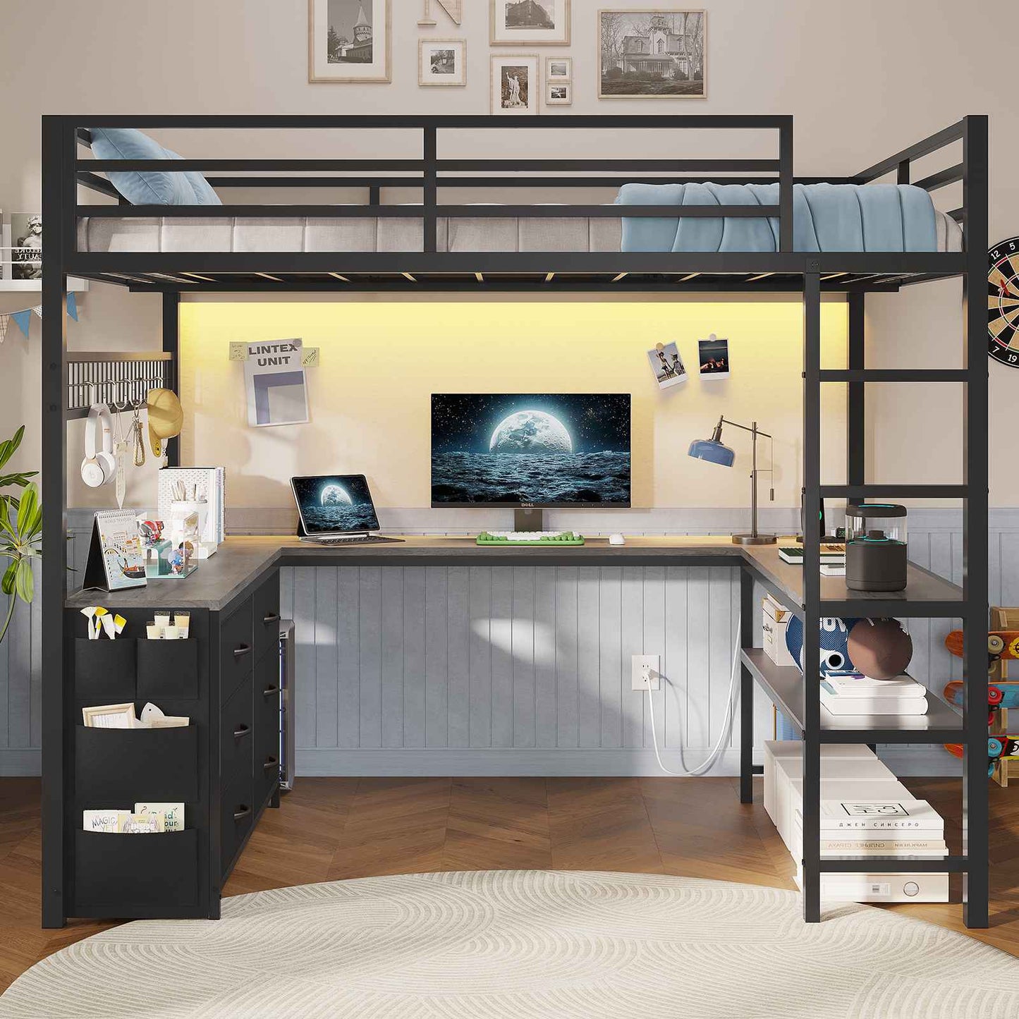 ADORNEVE Loft Bed Full Size with U-Shaped Desk and 6 Storage Drawers LED Metal Loft Bed with Power Outlet and 2 Storage Shelves Bed with Safety Guardrail and Ladders