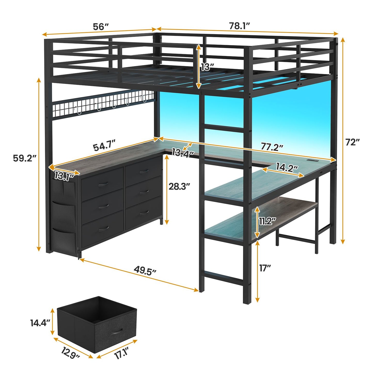 ADORNEVE Loft Bed Full Size with U-Shaped Desk and 6 Storage Drawers LED Metal Loft Bed with Power Outlet and 2 Storage Shelves Bed with Safety Guardrail and Ladders