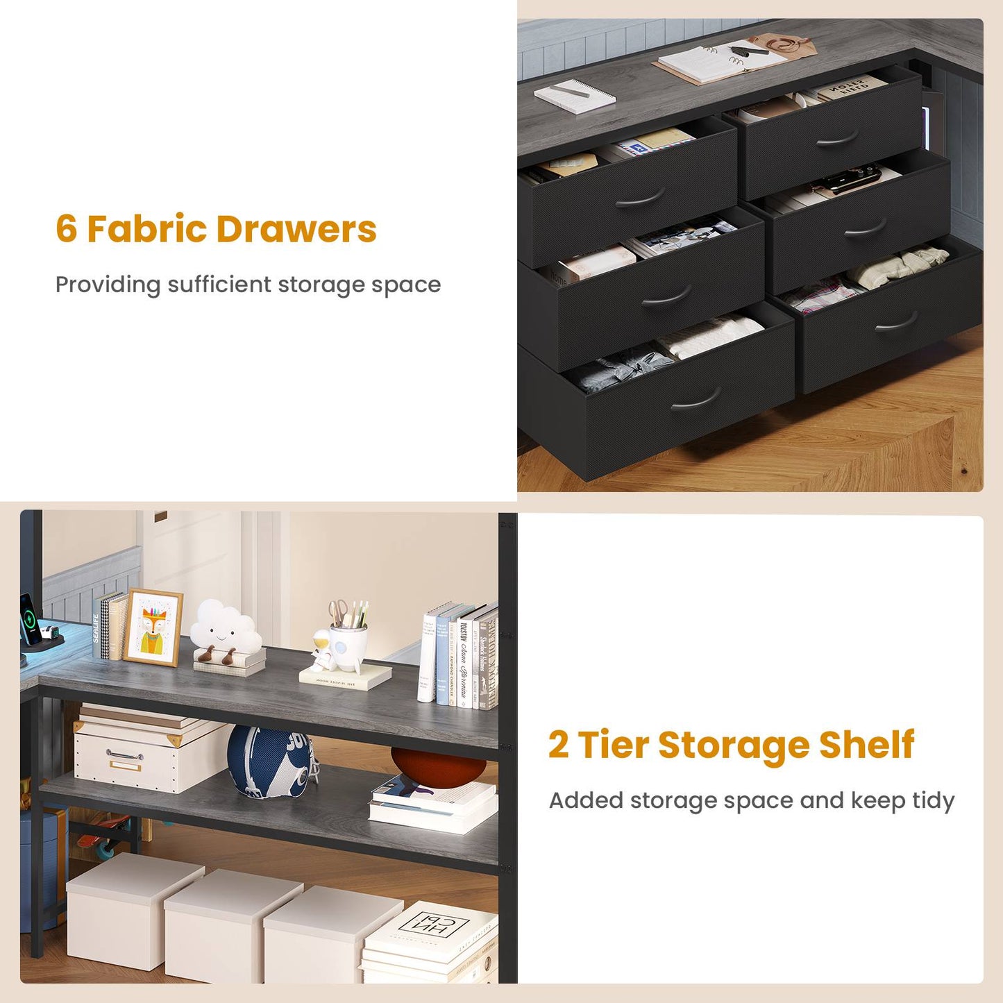 ADORNEVE Loft Bed Full Size with U-Shaped Desk and 6 Storage Drawers LED Metal Loft Bed with Power Outlet and 2 Storage Shelves Bed with Safety Guardrail and Ladders