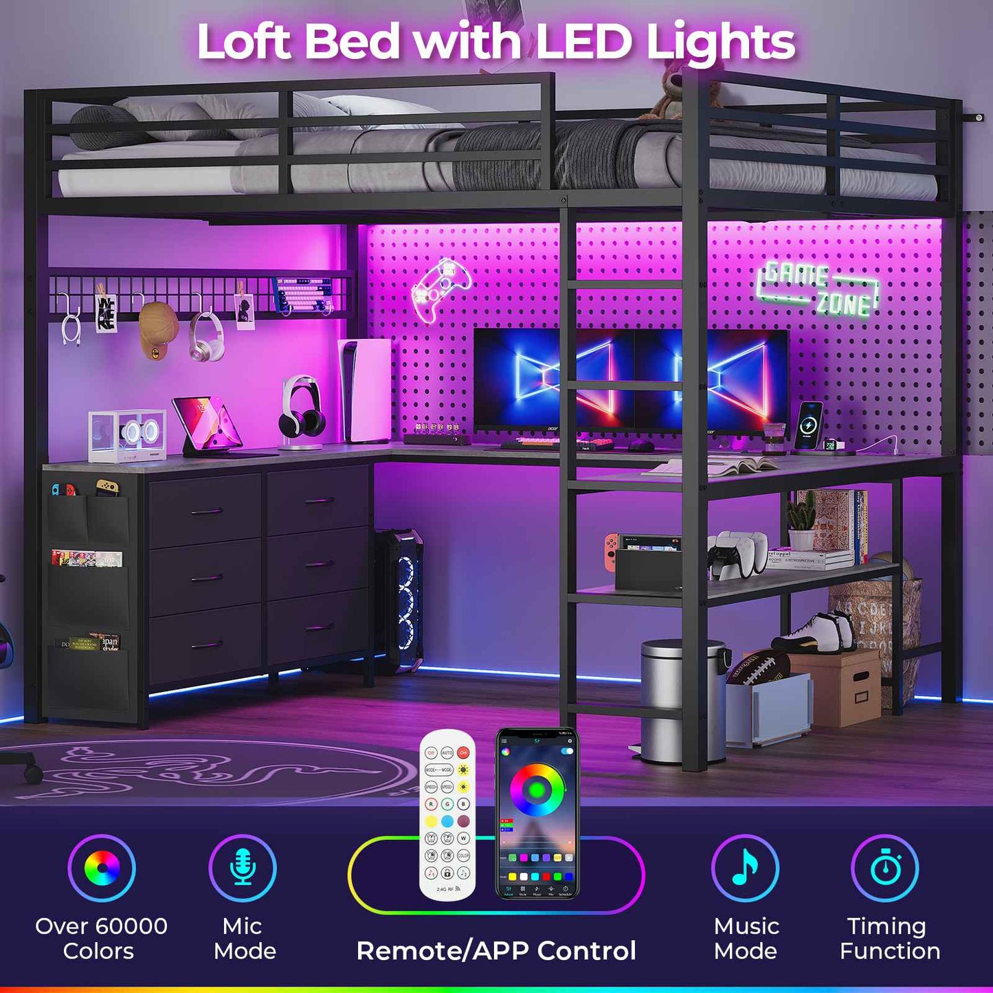 ADORNEVE Loft Bed Full Size with U-Shaped Desk and 6 Storage Drawers LED Metal Loft Bed with Power Outlet and 2 Storage Shelves Bed with Safety Guardrail and Ladders