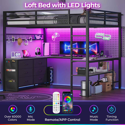 ADORNEVE Loft Bed Full Size with U-Shaped Desk and 6 Storage Drawers LED Metal Loft Bed with Power Outlet and 2 Storage Shelves Bed with Safety Guardrail and Ladders