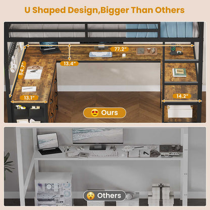 ADORNEVE Loft Bed Full Size with U-Shaped Desk and 6 Storage Drawers LED Metal Loft Bed with Power Outlet and 2 Storage Shelves Bed with Safety Guardrail and Ladders