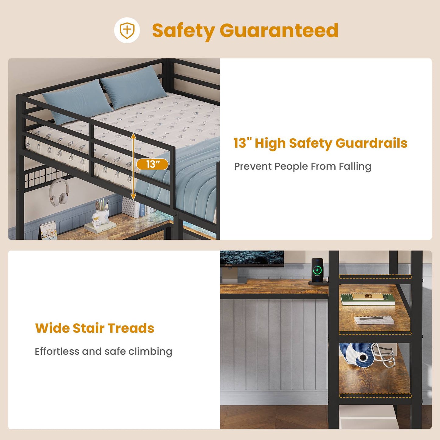 ADORNEVE Loft Bed Full Size with U-Shaped Desk and 6 Storage Drawers LED Metal Loft Bed with Power Outlet and 2 Storage Shelves Bed with Safety Guardrail and Ladders