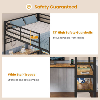 ADORNEVE Loft Bed Full Size with U-Shaped Desk and 6 Storage Drawers LED Metal Loft Bed with Power Outlet and 2 Storage Shelves Bed with Safety Guardrail and Ladders