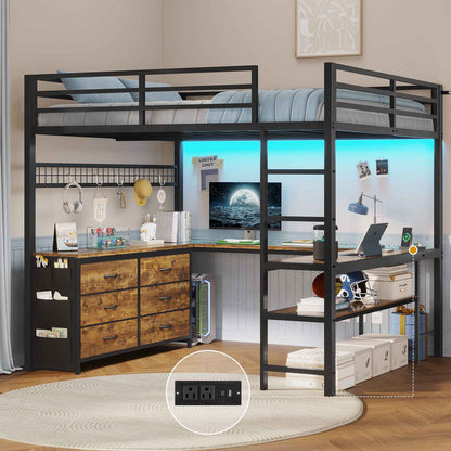 ADORNEVE Loft Bed Full Size with U-Shaped Desk and 6 Storage Drawers LED Metal Loft Bed with Power Outlet and 2 Storage Shelves Bed with Safety Guardrail and Ladders