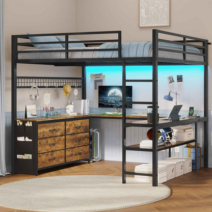 ADORNEVE Loft Bed Full Size with U-Shaped Desk and 6 Storage Drawers LED Metal Loft Bed with Power Outlet and 2 Storage Shelves Bed with Safety Guardrail and Ladders