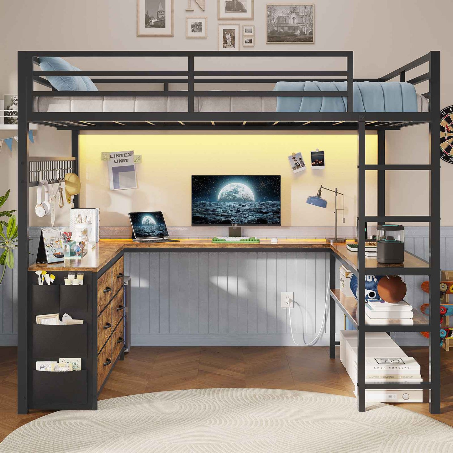 ADORNEVE Loft Bed Full Size with U-Shaped Desk and 6 Storage Drawers LED Metal Loft Bed with Power Outlet and 2 Storage Shelves Bed with Safety Guardrail and Ladders