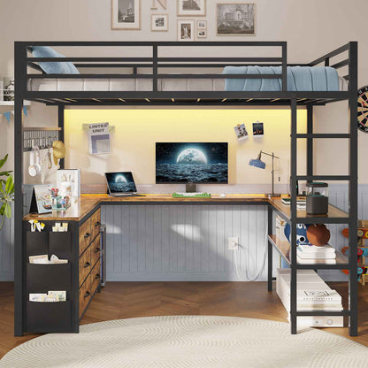 ADORNEVE Loft Bed Full Size with U-Shaped Desk and 6 Storage Drawers LED Metal Loft Bed with Power Outlet and 2 Storage Shelves Bed with Safety Guardrail and Ladders