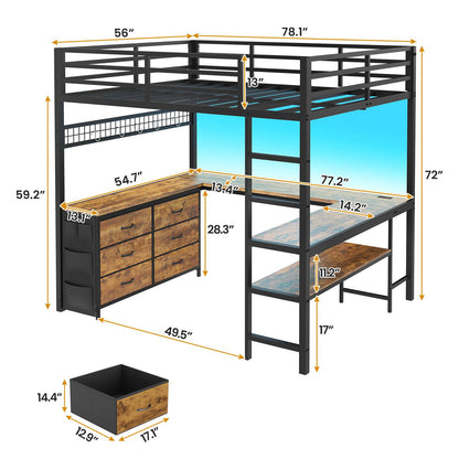 ADORNEVE Loft Bed Full Size with U-Shaped Desk and 6 Storage Drawers LED Metal Loft Bed with Power Outlet and 2 Storage Shelves Bed with Safety Guardrail and Ladders