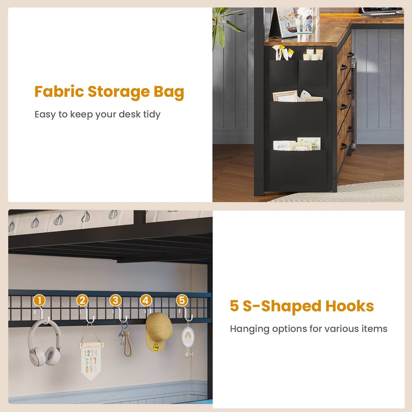 ADORNEVE Loft Bed Full Size with U-Shaped Desk and 6 Storage Drawers LED Metal Loft Bed with Power Outlet and 2 Storage Shelves Bed with Safety Guardrail and Ladders