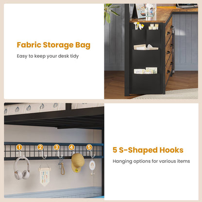ADORNEVE Loft Bed Full Size with U-Shaped Desk and 6 Storage Drawers LED Metal Loft Bed with Power Outlet and 2 Storage Shelves Bed with Safety Guardrail and Ladders