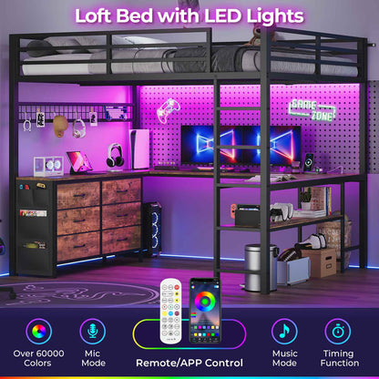 ADORNEVE Loft Bed Full Size with U-Shaped Desk and 6 Storage Drawers LED Metal Loft Bed with Power Outlet and 2 Storage Shelves Bed with Safety Guardrail and Ladders