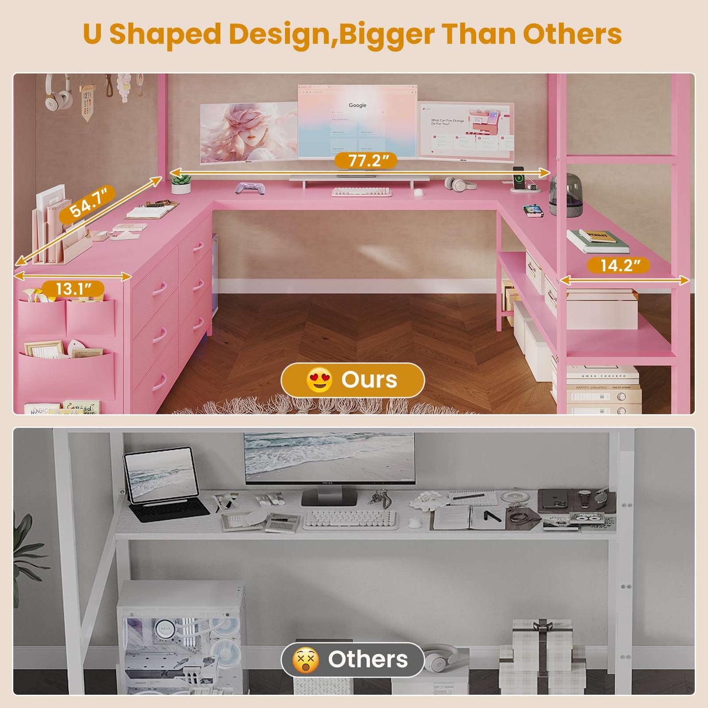 ADORNEVE Loft Bed Full Size with U-Shaped Desk and 6 Storage Drawers LED Metal Loft Bed with Power Outlet and 2 Storage Shelves Bed with Safety Guardrail and Ladders