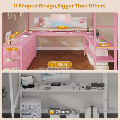 ADORNEVE Loft Bed Full Size with U-Shaped Desk and 6 Storage Drawers LED Metal Loft Bed with Power Outlet and 2 Storage Shelves Bed with Safety Guardrail and Ladders