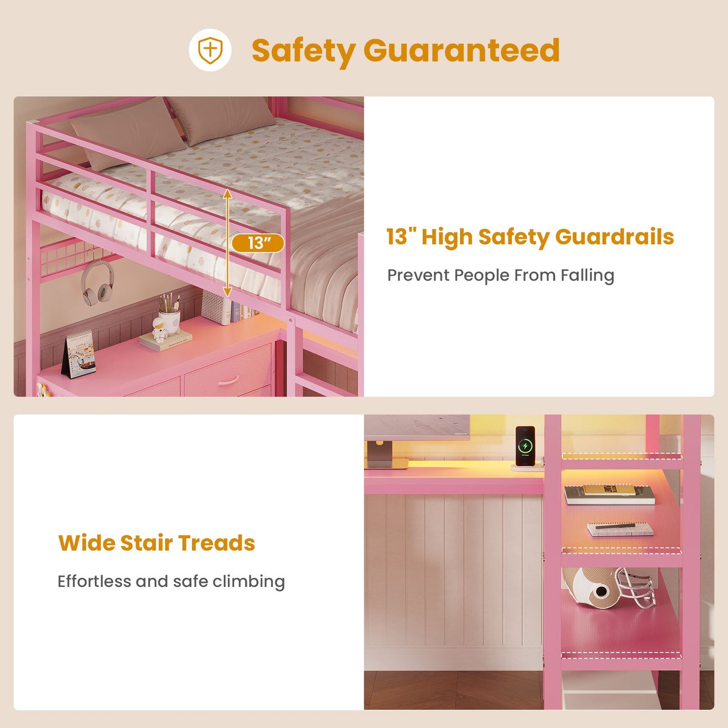 ADORNEVE Loft Bed Full Size with U-Shaped Desk and 6 Storage Drawers LED Metal Loft Bed with Power Outlet and 2 Storage Shelves Bed with Safety Guardrail and Ladders
