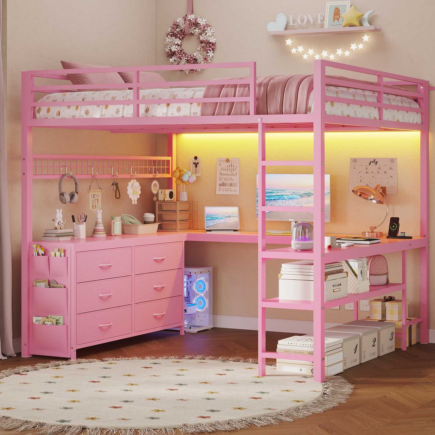 ADORNEVE Loft Bed Full Size with U-Shaped Desk and 6 Storage Drawers LED Metal Loft Bed with Power Outlet and 2 Storage Shelves Bed with Safety Guardrail and Ladders