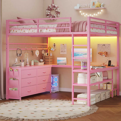 ADORNEVE Loft Bed Full Size with U-Shaped Desk and 6 Storage Drawers LED Metal Loft Bed with Power Outlet and 2 Storage Shelves Bed with Safety Guardrail and Ladders