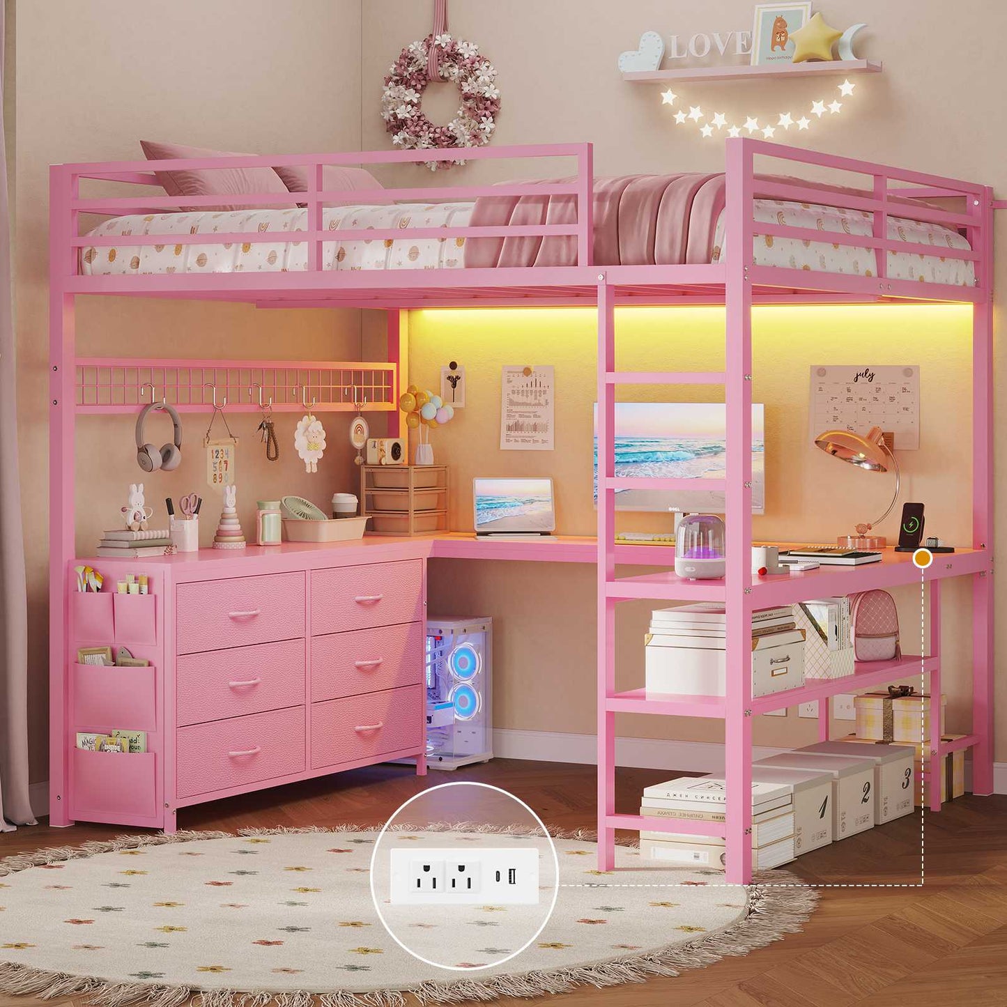 ADORNEVE Loft Bed Full Size with U-Shaped Desk and 6 Storage Drawers LED Metal Loft Bed with Power Outlet and 2 Storage Shelves Bed with Safety Guardrail and Ladders