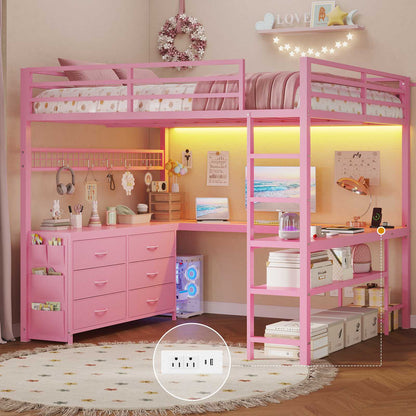 ADORNEVE Loft Bed Full Size with U-Shaped Desk and 6 Storage Drawers LED Metal Loft Bed with Power Outlet and 2 Storage Shelves Bed with Safety Guardrail and Ladders