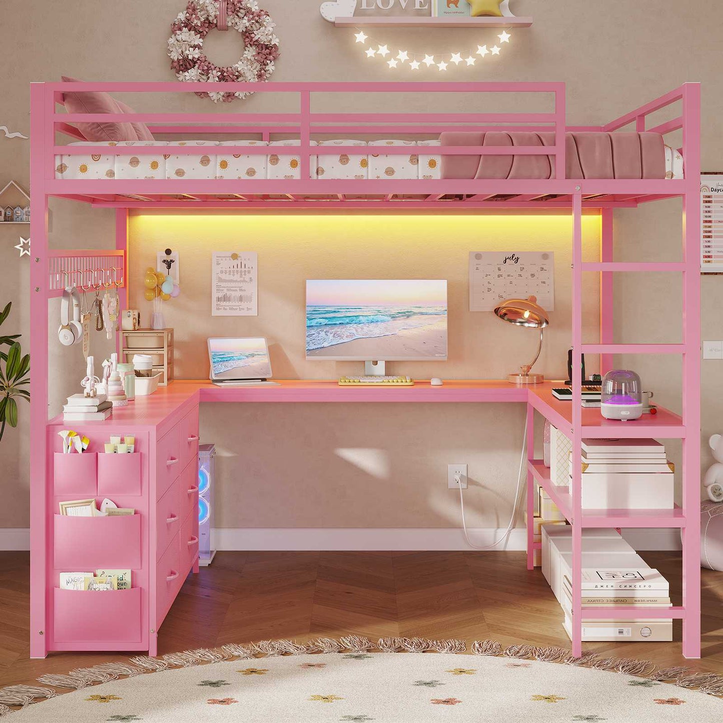 ADORNEVE Loft Bed Full Size with U-Shaped Desk and 6 Storage Drawers LED Metal Loft Bed with Power Outlet and 2 Storage Shelves Bed with Safety Guardrail and Ladders