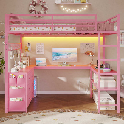 ADORNEVE Loft Bed Full Size with U-Shaped Desk and 6 Storage Drawers LED Metal Loft Bed with Power Outlet and 2 Storage Shelves Bed with Safety Guardrail and Ladders