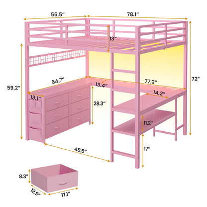 ADORNEVE Loft Bed Full Size with U-Shaped Desk and 6 Storage Drawers LED Metal Loft Bed with Power Outlet and 2 Storage Shelves Bed with Safety Guardrail and Ladders