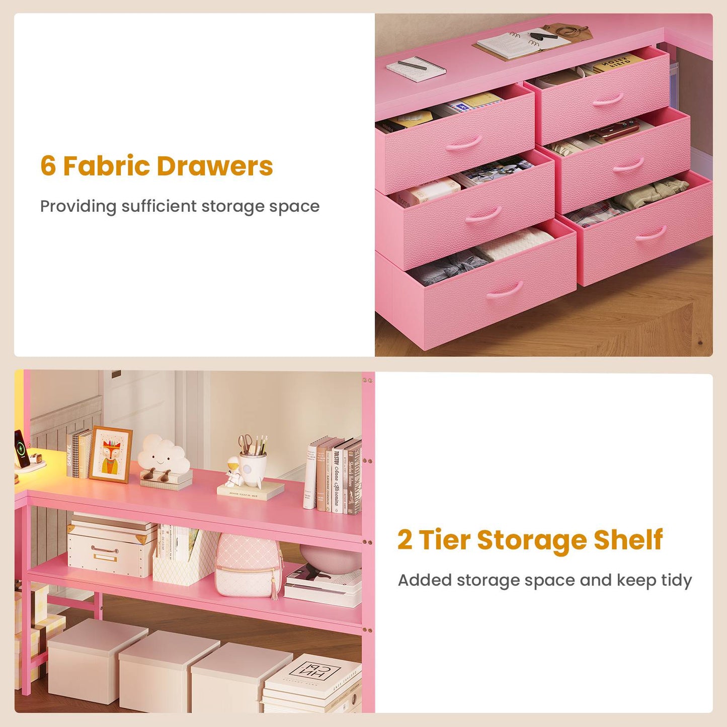 ADORNEVE Loft Bed Full Size with U-Shaped Desk and 6 Storage Drawers LED Metal Loft Bed with Power Outlet and 2 Storage Shelves Bed with Safety Guardrail and Ladders