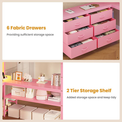ADORNEVE Loft Bed Full Size with U-Shaped Desk and 6 Storage Drawers LED Metal Loft Bed with Power Outlet and 2 Storage Shelves Bed with Safety Guardrail and Ladders