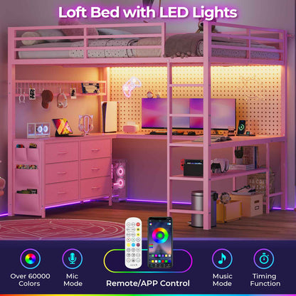 ADORNEVE Loft Bed Full Size with U-Shaped Desk and 6 Storage Drawers LED Metal Loft Bed with Power Outlet and 2 Storage Shelves Bed with Safety Guardrail and Ladders