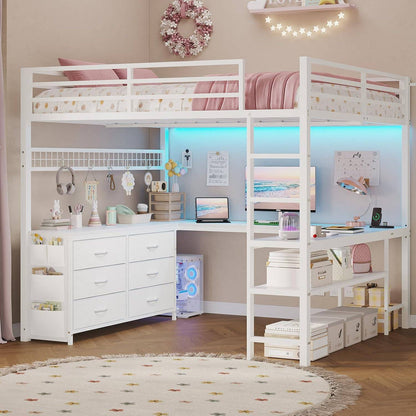 ADORNEVE Loft Bed Full Size with U-Shaped Desk and 6 Storage Drawers LED Metal Loft Bed with Power Outlet and 2 Storage Shelves Bed with Safety Guardrail and Ladders