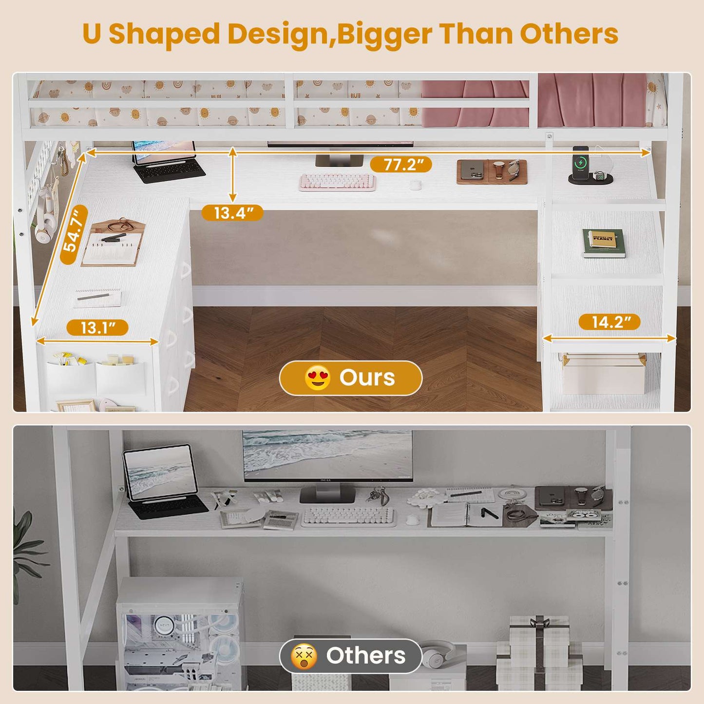 ADORNEVE Loft Bed Full Size with U-Shaped Desk and 6 Storage Drawers LED Metal Loft Bed with Power Outlet and 2 Storage Shelves Bed with Safety Guardrail and Ladders
