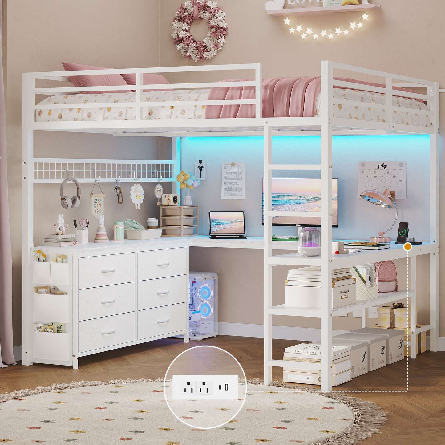 ADORNEVE Loft Bed Full Size with U-Shaped Desk and 6 Storage Drawers LED Metal Loft Bed with Power Outlet and 2 Storage Shelves Bed with Safety Guardrail and Ladders