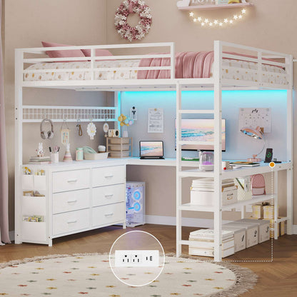 ADORNEVE Loft Bed Full Size with U-Shaped Desk and 6 Storage Drawers LED Metal Loft Bed with Power Outlet and 2 Storage Shelves Bed with Safety Guardrail and Ladders