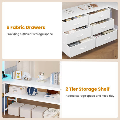 ADORNEVE Loft Bed Full Size with U-Shaped Desk and 6 Storage Drawers LED Metal Loft Bed with Power Outlet and 2 Storage Shelves Bed with Safety Guardrail and Ladders